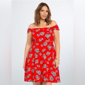 NWT TORRID Floral Red Off Shoulder Textured Skater Dress